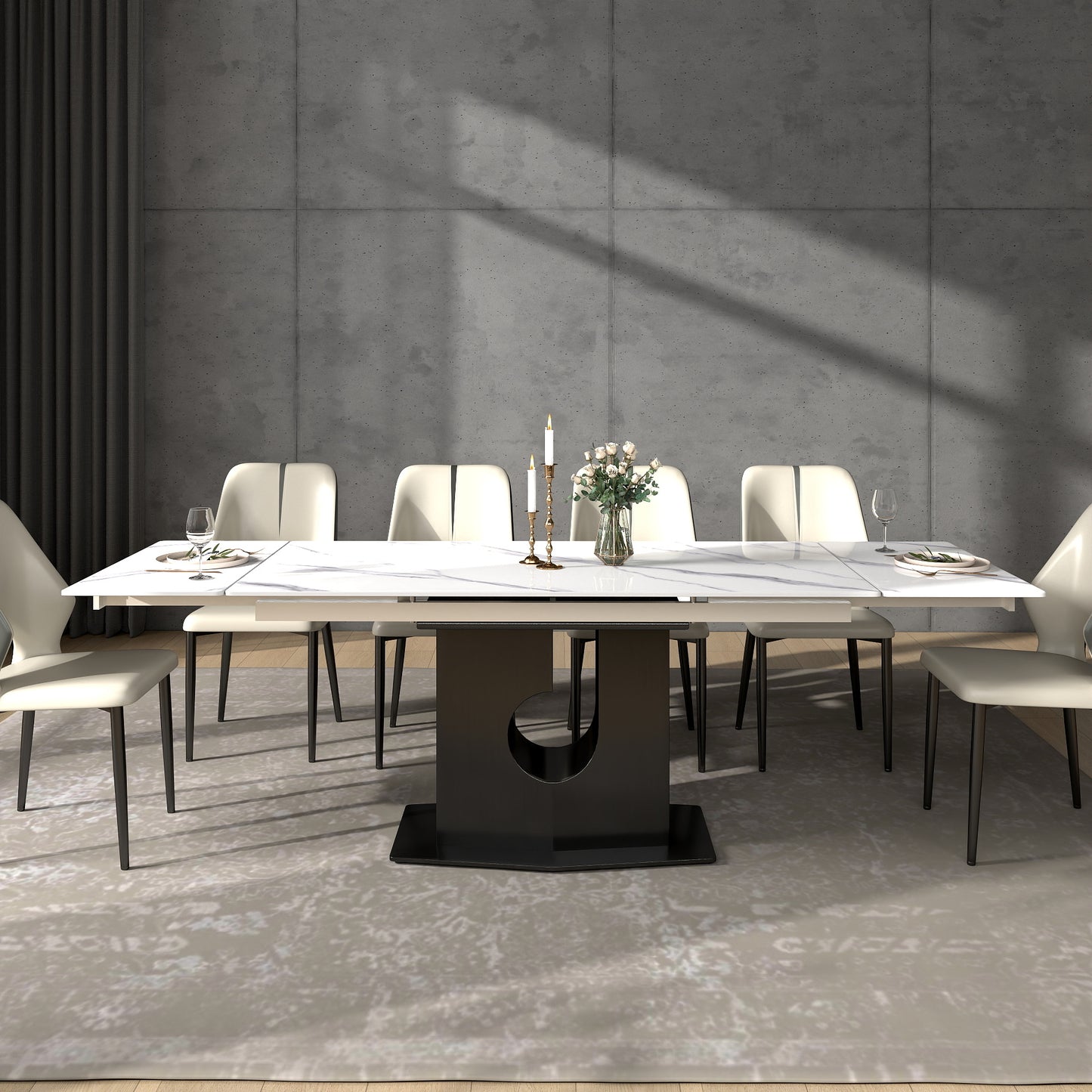 Luxury Extendable Sintered Stone Dining Table – Modern Marble Look with Metal Base (Seats 6–10)