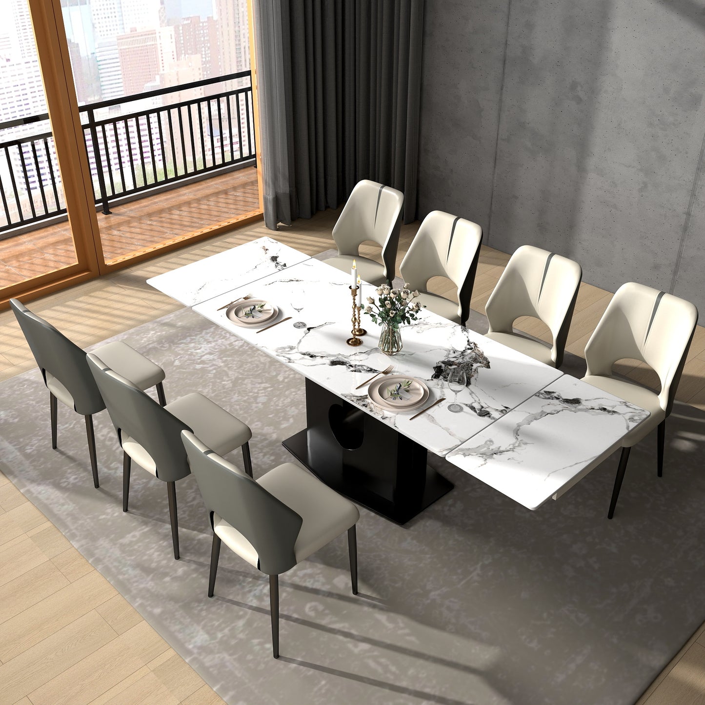 Luxury Extendable Sintered Stone Dining Table – Modern Marble Look with Metal Base (Seats 6–10)