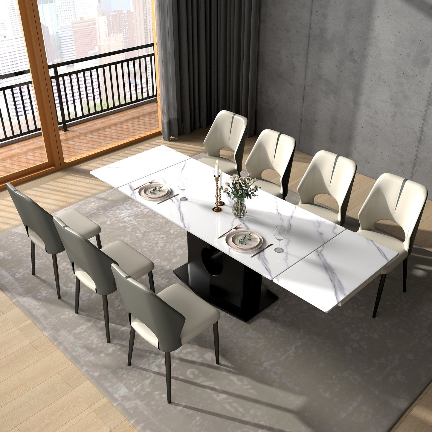 Luxury Extendable Sintered Stone Dining Table – Modern Marble Look with Metal Base (Seats 6–10)