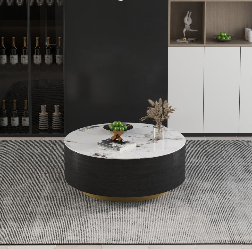 Modern Marble-Top Round Coffee Table with Hidden Storage
