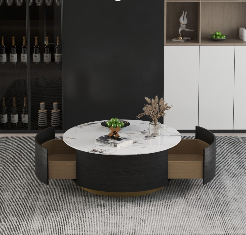 Modern Marble-Top Round Coffee Table with Hidden Storage