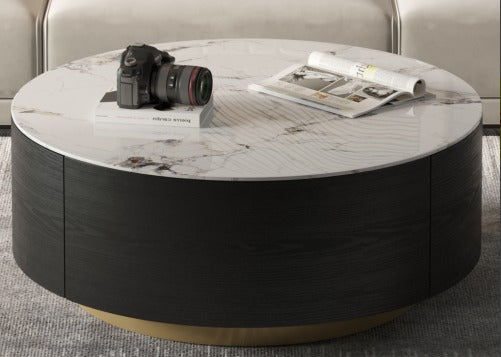 Modern Marble-Top Round Coffee Table with Hidden Storage