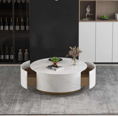 Modern Marble-Top Round Coffee Table with Hidden Storage
